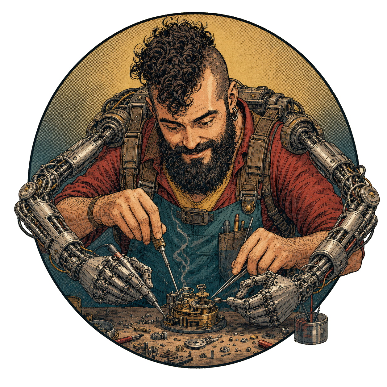 Arthur building a small mechanism with four helpful mechanical hands